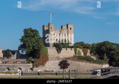 Rochester Castle keep viewed over the River Medway, Rochester, Kent, UK. Stock Photo