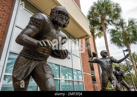 Bronze statues of University of Florida Heisman Trophy winners, Tim Tebow, Steve Spurrier, and Danny Wuerffel, outside Ben Hill Griffin Stadium. (USA) Stock Photo