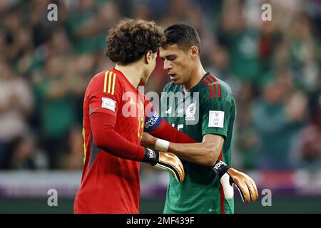 LUSAIL CITY - (LR) Mexico goalkeeper Guillermo Ochoa, Hector Moreno of Mexico during the FIFA World Cup Qatar 2022 group C match between Argentina and Mexico at Lusail Stadium on November 26, 2022 in Lusail City, Qatar. AP | Dutch Height | MAURICE OF STONE Stock Photo