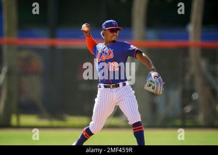 New York Mets infielder Francisco Lindor throws during spring training  baseball practice Tuesday, Feb. 23, 2021, in Port St. Lucie, Fla. (AP  Photo/Jeff Roberson Stock Photo - Alamy