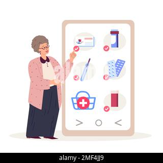 Retired Old Woman Ordering Medicines Online.Pensioner Choose tablets,medical supplies on Pharmacy Online.First Aid Kit. Medicament, Drugs,Remedy. Home Stock Photo