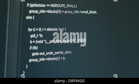 Computer of system engineer showing source code and big data in it development agency. Concept of software developer displaying programming language of database functions script. Close up. Stock Photo
