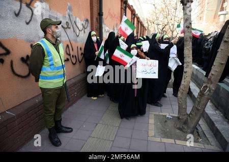 Tehran, Iran. 24th Jan, 2023. Iranian demonstrator students gather in front of the French Embassy in Tehran to protest against cartoons published by the French satirical magazine Charlie Hebdo that lampoon Iran's ruling clerics, Iran (Photo by Sobhan Farajvan/Pacific Press) Credit: Pacific Press Media Production Corp./Alamy Live News Stock Photo