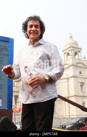 Kolkata, West Bengal, India. 24th Jan, 2023. Indian tabla player, composer, percussionist, music producer, and film actor Zakir Hussain during Tata Steel Kolkata Literary Meet 2023, in Kolkata Victoria Memorial ground. (Credit Image: © Dipa Chakraborty/Pacific Press via ZUMA Press Wire) EDITORIAL USAGE ONLY! Not for Commercial USAGE! Stock Photo