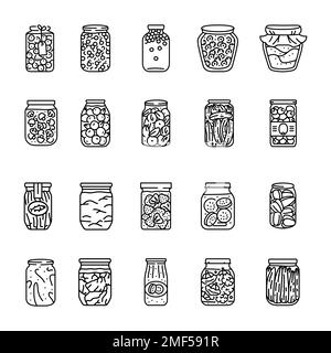 Pickled vegetables, fruits, berries, meat, fish in a jars color line icons set. Homemade canned food. Stock Vector