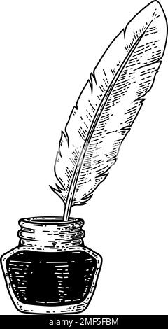 Illustration of feather pen and inkwell in engraving style. Design element for card, banner, menu. Vector illustration Stock Vector