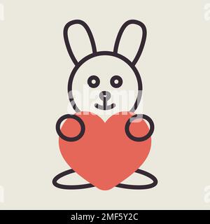 Cute plush rabbit with heart icon. Valentine day symbol. Vector illustration, romance elements. Sticker, patch, badge, card for marriage, wedding Stock Vector