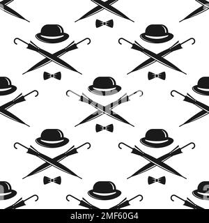 Seamless gentleman pattern on white background. Silhouette of bowler hat and crossed cane umbrellas. Black simple vintage ornament. Vector retro wallp Stock Vector