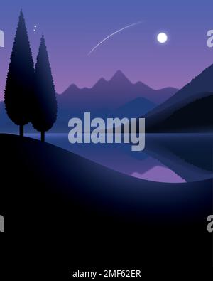 Night landscape of the lake and mountains under the moon with trees at the foreground. Vector illustration. Stock Vector