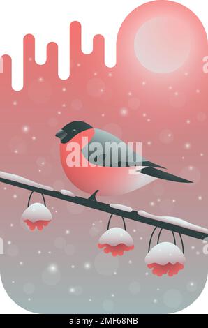 Bullfinch sitting under falling snow on a rowan branch on a bright winter background. Stock Vector