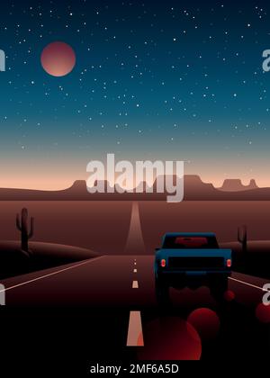 Pickup truck driving along a desert highway. Night landscape of the desert and the car on the background of the mountains, stars and the moon. Stock Vector