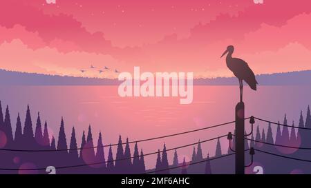 Bird silhouette on wires on a background of evening lake. Stork sitting on wires on the background of sunset and lake. Wildlife landscape. Stock Vector