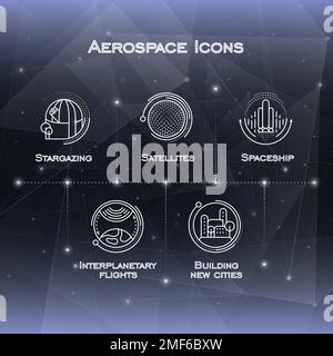 Set of space technology vector icons for web design isolated on black background of sky and stars. Stock Vector
