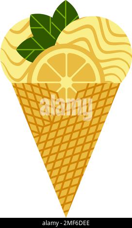 Two balls of orange mint ice cream in a cone. Frozen food element. Stock Vector