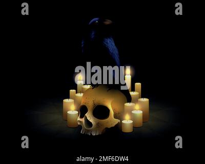 Raven sitting on a human skull surrounded by candles on a black background. Stock Vector