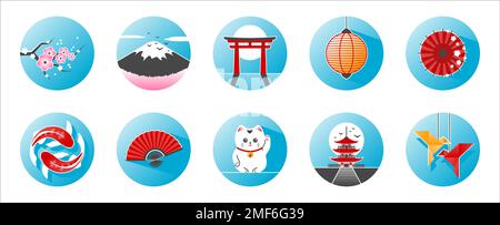 Japanese icons set. East culture elements. Stock Vector