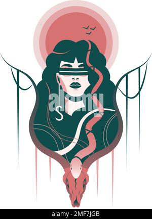 Stylized illustration of a woman with snakes framed by a animal skull at the background of the sun. Stock Vector