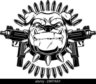 Angry dog head with crossed assault rifles. Design element for poster, emblem, sign. Vector illustration Stock Vector