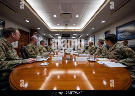 Lt. Gen. James Jacobson, center, Pacific Air Forces deputy commander, meets with 18th Wing group commanders to discuss details of their mission during his visit at Kadena Air Base, Japan, Aug. 17, 2022. Jacobson visited the base for a first-hand account of its diverse array of capabilities as well as emphasize the importance of Team Kadena’s vital role in ensuring regional security and stability. Indo-PACOM,USINDO-PACOM,USPACOM, Stock Photo
