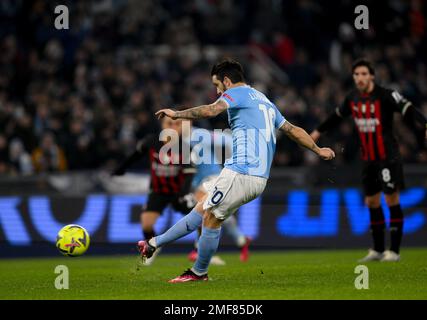 Rome, Italy. 24th Jan, 2023. Lazio's Luis Alberto scores the penalty kick during a Serie A football match between Lazio and AC Milan in Rome, Italy, Jan. 24, 2023. Credit: Augusto Casasoli/Xinhua/Alamy Live News Stock Photo