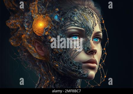 Humanoid robot with artificial intelligence, futuristic fictional young woman android, generative AI. Cyborg portrait, future technology. Concept of s
