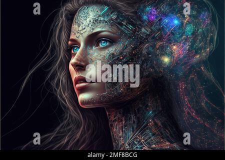 Humanoid robot with artificial intelligence, futuristic fictional young woman android, generative AI. Cyborg portrait, future technology. Concept of s