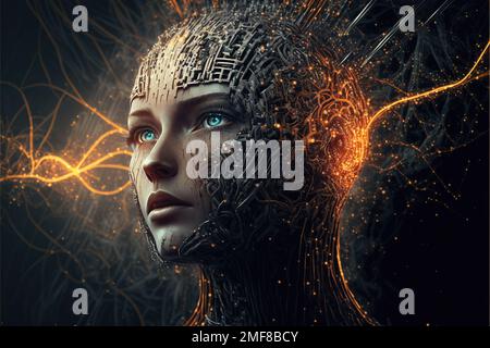 AI concept, humanoid robot with artificial intelligence, fictional woman android, generative AI. Futuristic cyborg portrait, future technology. Concep