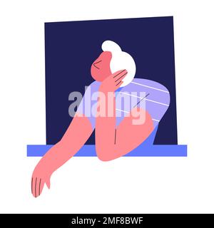 Man in window looking out from window guy dreaming Stock Vector