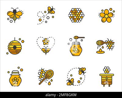 Honey icons set. Bees, honeycomb, jar of honey, beehives, honey dipper and flowers element for website, label, banner, pattern and more. Stock Vector