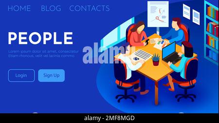 Teamwork website banner template. Business team working with data. Group of office colleagues discussing data around table. Isometric vector illustration Stock Vector