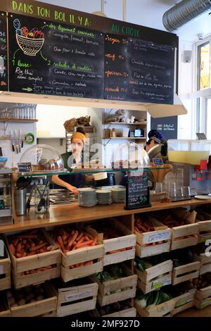The interior view of Le Bichat, a eco-friendly and vegetarian friendly restaurant serving organic and farm to table food and drinks in 10th arrondissement of Paris.France Stock Photo