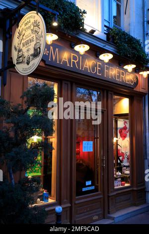 The night view of  Mariage Frères tea shop.Paris.France Stock Photo