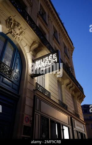 The night view of Fragonard Perfume Museum, Musée du Parfum Fragonard with illuminated sign over the entrance.Paris.France Stock Photo