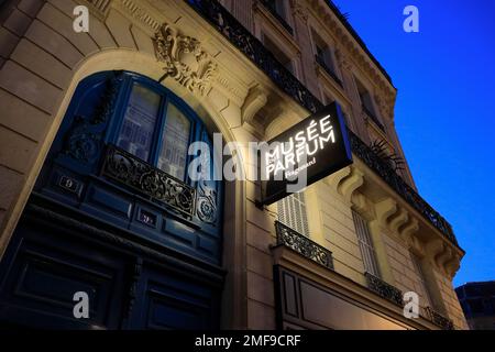 The night view of the sign of Musee du Parfum Fragonard over the entrance.Paris.France Stock Photo