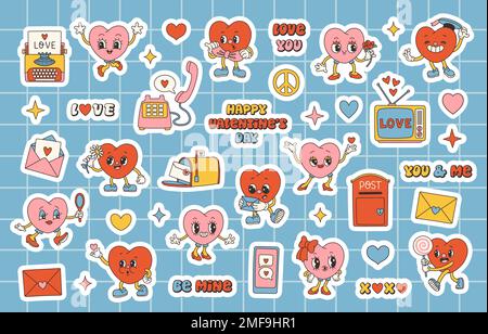 Retro Groovy Valentines day stickers set with slogans about love. Groovy hearts. Trendy 70s cartoon style. Stock Vector