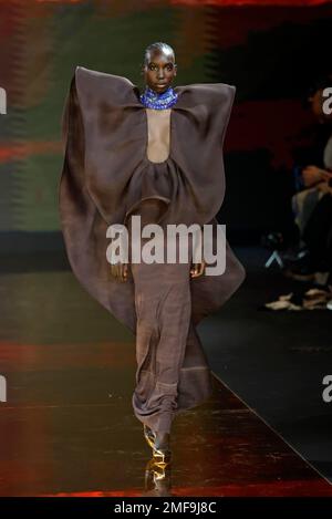 Paris, France. 24th Jan, 2023. A model presents a creation by Stephane Rolland as part of the Spring/Summer 2023 Haute Couture collections at the Paris Fashion Week in Paris, France, on Jan. 24, 2023. Credit: Piero Biasion/Xinhua/Alamy Live News Stock Photo