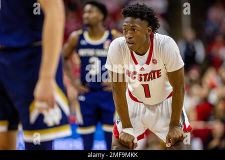 Raleigh, NC, USA. 24th Jan, 2023. North Carolina State Wolfpack guard Jarkel Joiner (1) rests during free throws by Notre Dame Fighting Irish during the second half of the ACC Basketball matchup at PNC Arena in Raleigh, NC. (Scott Kinser/Cal Sport Media). Credit: csm/Alamy Live News Stock Photo