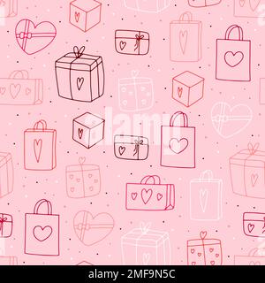 Cute doodle Gifts seamless pattern. Hand-drawn presents bag on pink background. Outline surprise packages with hearts. Holiday, Valentines Day, Birthd Stock Vector