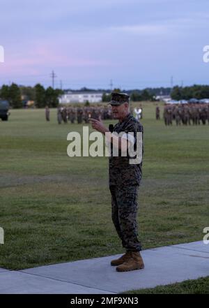 U.S. Marine Corps Maj. Gen. Francis Donovan, the outgoing commanding general (CG) of 2d Marine Division (MARDIV), gives remarks at a change of command ceremony on Camp Lejeune, North Carolina, Aug. 18, 2022. “Competency and lethality reside in these formations lined up in front of us,” explained Donovan. “Every challenge I have given them, they have exceeded by expectations… I couldn’t be more proud of these Marines and Sailors.” During the ceremony, Donovan relinquished command of the division to Brig. Gen. Calvert Worth, the incoming CG of 2d MARDIV. Stock Photo