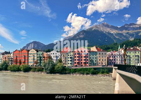 Innsbruck. House complex near the Inn Brücke. Mariahilf street. Stock Photo