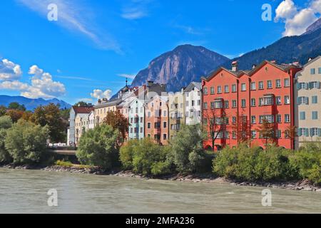 Innsbruck. House complex near the Inn Brücke. Mariahilf street. Stock Photo