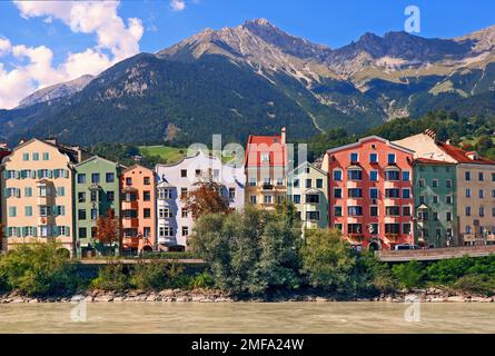 Innsbruck. House complex near the Inn Brücke. Mariahilf street. Stock Photo