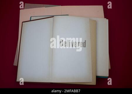 Delivered word in opened book with vintage, natural patterns old ...