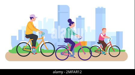 Young family and child riding bicycles. Happy cyclists in park. Outdoor sport. Active leisure. Eco transport. Parents with son travel by bikes. People Stock Vector