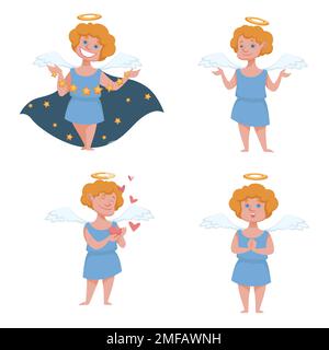 Angel and cupid with gold halo and wings night sky cloak Stock Vector