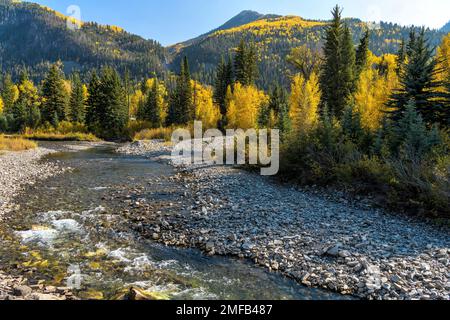 Autumn Creek - A sunny Autumn afternoon in Crystal River Valley. Marble, Colorado, USA. Stock Photo