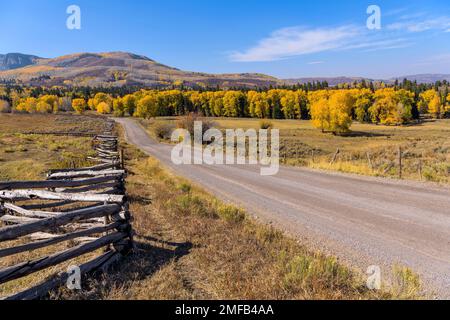 Autumn Country Road - A wide-angle Autumn view of a country road, part of Owl Creek Pass Road, running through rolling ranch land and colorful forest. Stock Photo