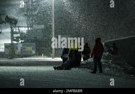 People Standing in Blizzard, New Hampshire Stock Photo