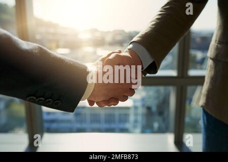 The deal is done. Full length shot of two unrecognizable businessmen shaking hands in the office. Stock Photo