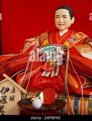 Tokyo, Japan. 25th Jan, 2023. Japan's traditional doll maker Kyugetsu displays 'hina dolls' modeled Japanese table tennis player, 2022 Olympics bronze medalist, Mima Ito in Tokyo, Japan on Wednesday, January 25, 2023. Photo by Keizo Mori/UPI Credit: UPI/Alamy Live News Stock Photo